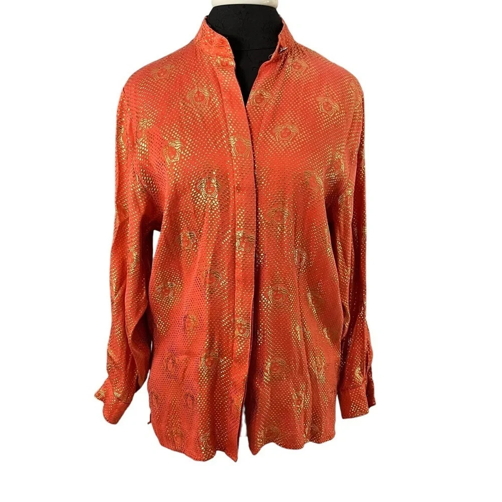 Vintage Silversilk Medusa Head Woven Orange Gold Silk Blouse Made in Korea M